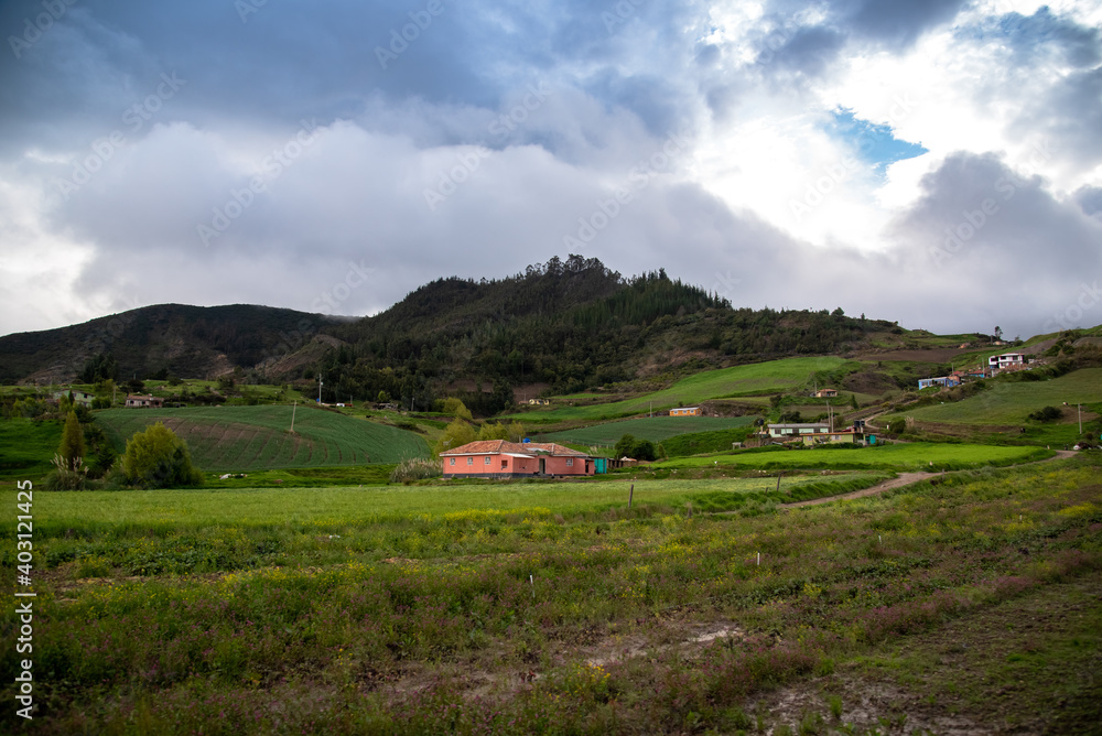 Country house in potato farming landscape in Boyaca. Colombia.