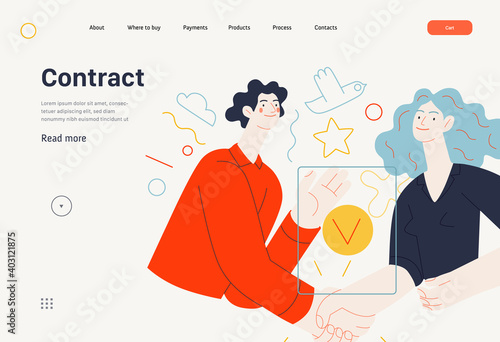 Business topics -partnership, web template header. Flat style modern outlined vector concept illustration. Partners shaking their hands confirming agreement, contract or partnership. Business metaphor