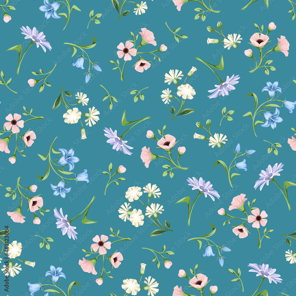 Vector seamless floral pattern with small pink, blue, white and purple flowers on a celadon background.