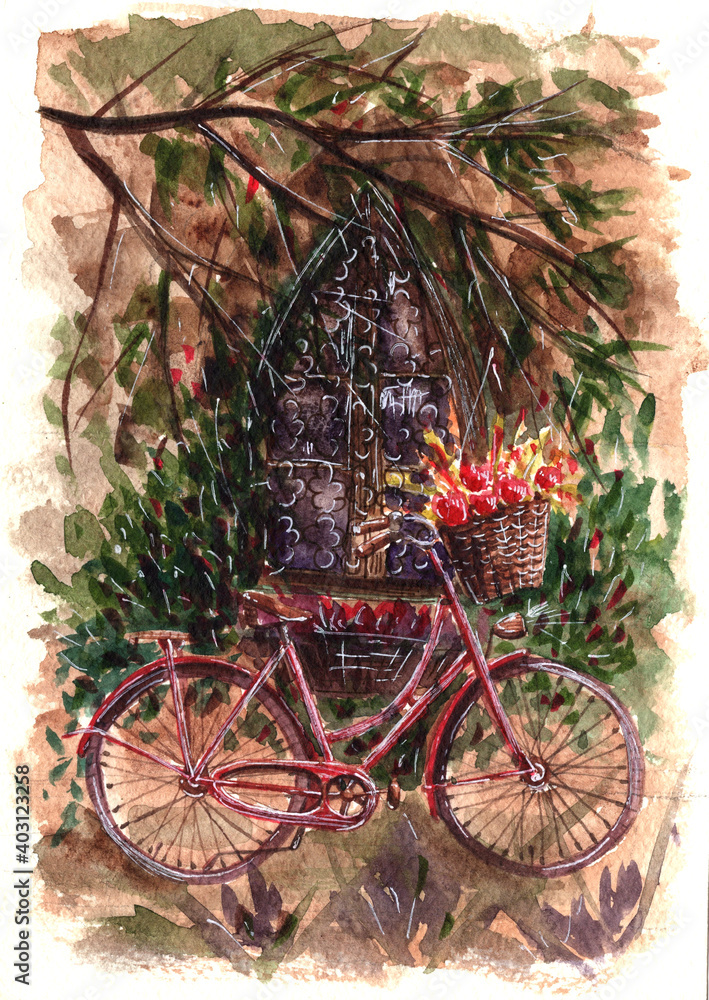 Watercolor illustration. Bicycle with a wicker basket. Retro theme with landscape colors and architecture. Retro themes, illustrations for postcards, posters, and other Souvenirs