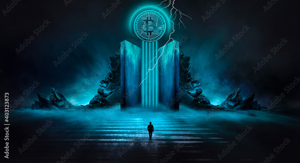 Obraz premium Dark, night abstract fantasy landscape with island, pyramids, bitcoin and lightning. Reflection of neon in water, sea, ocean. Smoke, smog on the shore. A modern futuristic landscape with bitcoin.