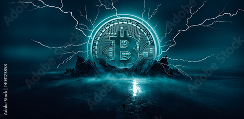 Dark, night abstract fantasy landscape with island, pyramids, bitcoin and lightning. Reflection of neon in water, sea, ocean. Smoke, smog on the shore. A modern futuristic landscape with bitcoin. photo