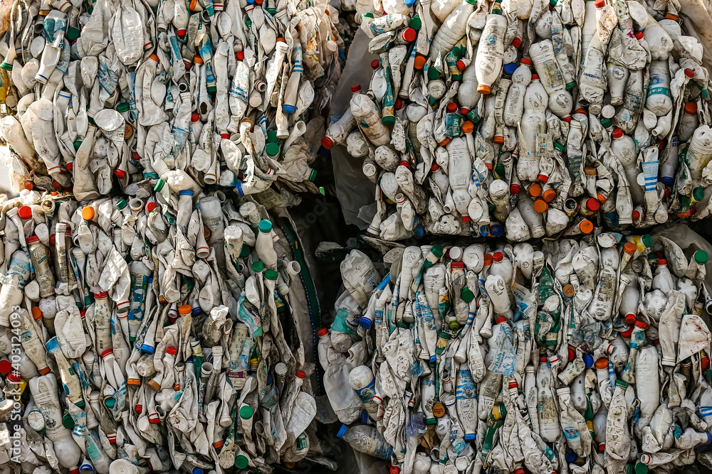 Sorted plastic waste is packed for recycling at a large landfill near Kyiv, Ukraine. May 2016