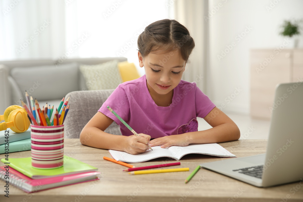 Distance learning, studying at home. Girl having online school lesson during quarantine and lockdown due to Covid-19 pandemic Distance learning, studying at home. Girl having online school lesson during quarantine and lockdown due to Covid-19 pandemic