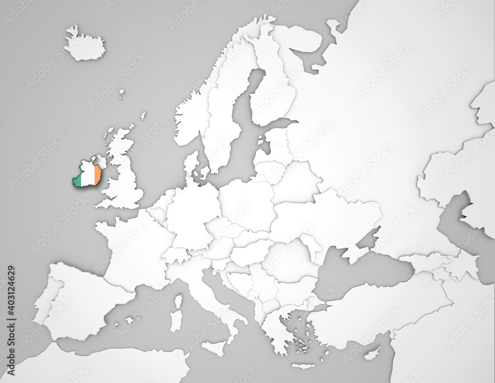 3D Europakarte auf der Irland hervorgehoben wird 3D Europakarte auf der Irland hervorgehoben wird