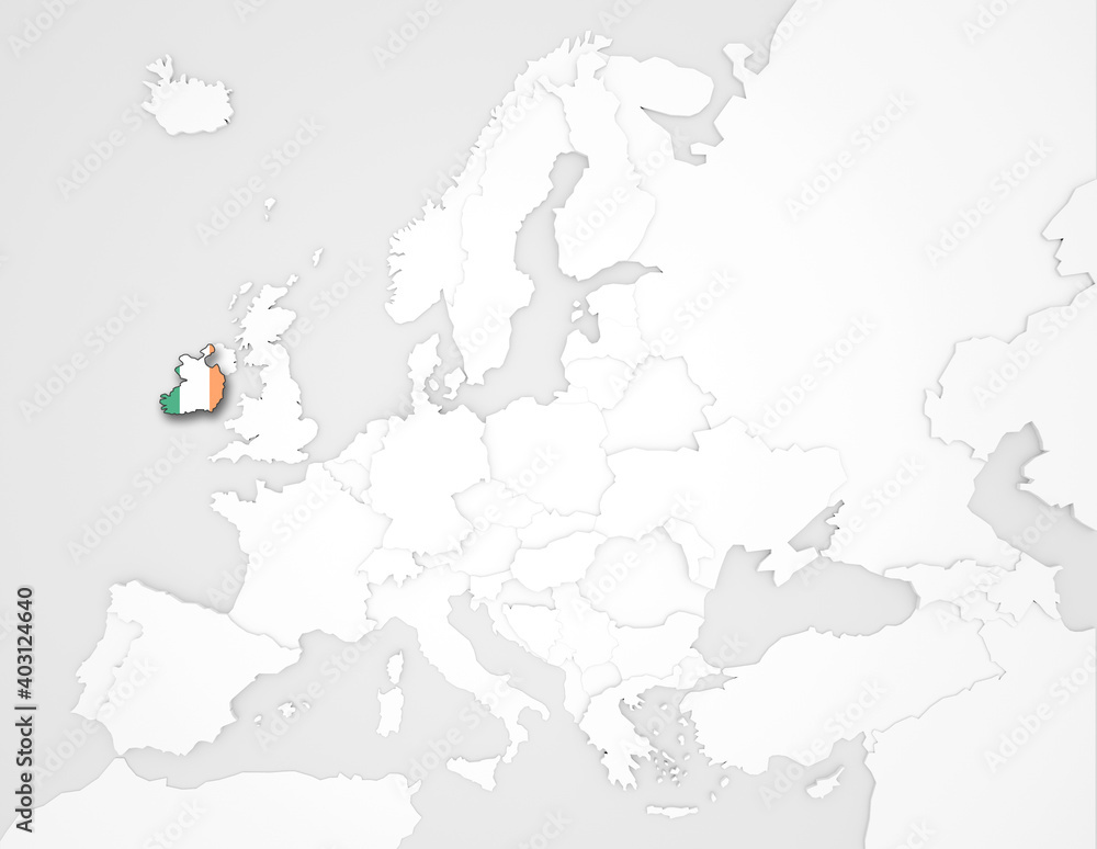 3D Europakarte auf der Irland hervorgehoben wird 3D Europakarte auf der Irland hervorgehoben wird