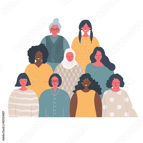 Women's community. Female solidarity. International Women's Day concept. There are women of different races, different ages in the picture. People icons. Vector illustration.