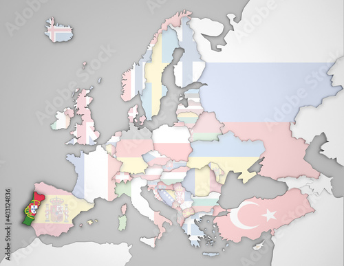 3D Europakarte auf der Portugal hervorgehoben wird und die restlichen Flaggen transparent sind