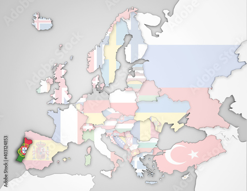3D Europakarte auf der Portugal hervorgehoben wird und die restlichen Flaggen transparent sind