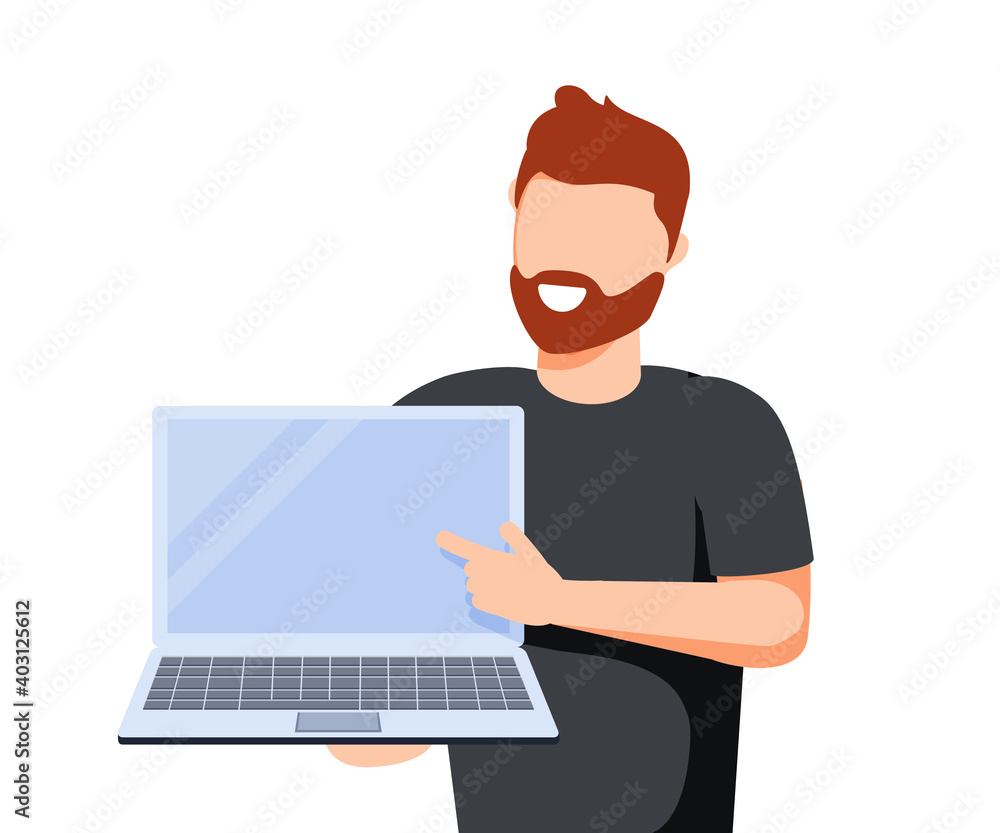 happy man pointing finger at blank screen laptop computer. Hand drawn style vector design illustrations.