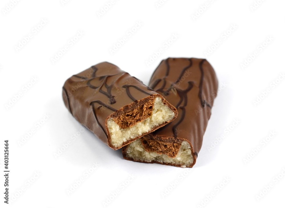 Chocolate covered marzipan bars isolated on a white background with clipping path Chocolate covered marzipan bars isolated on a white background with clipping path