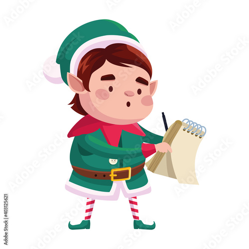 elf santa helper writing in notebook comic character