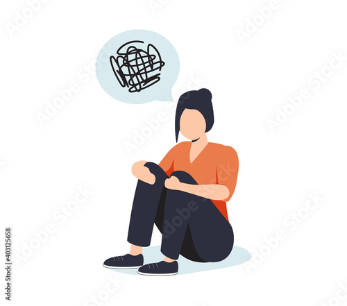 Young depressed female character sitting on the floor and holding their knees, a cartoon scribble above their head.
