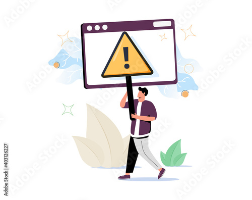 Man holding triangular warning sign with exclamation mark. Concept of fatal error, operating system failure, program.