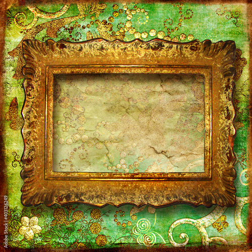 Vintage golden blank frame over old wallpaper photo