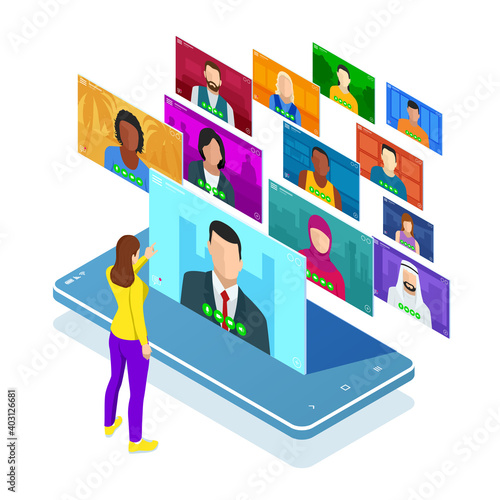 Isometric video conference. Group Corporate Video Conference. Online meeting work form home. Home office. Remote project management. Multiethnic business team.