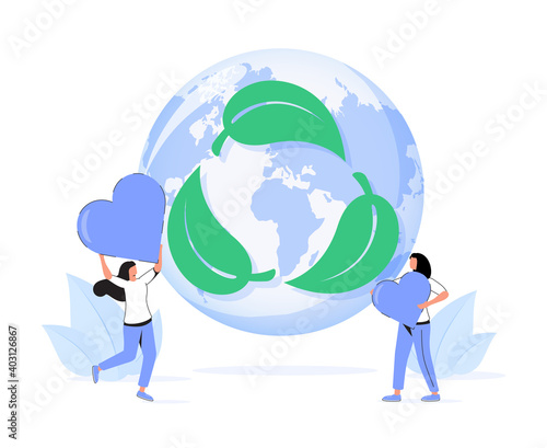 Green leaf recycle symbol vector illustration in flat tiny persons concept. Reusable cycle visualization.