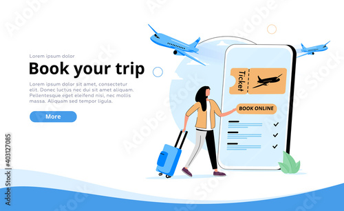 Online booking service vector illustration. Woman with luggage book travel on the smartphone. Trip planning, traveling, covid travel.