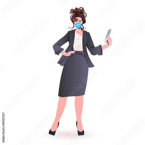businesswoman wearing mask to prevent coronavirus pandemic successful business woman using smartphone full length vector illustration