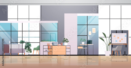 empty coworking center modern office room interior creative open space with furniture horizontal vector illustration