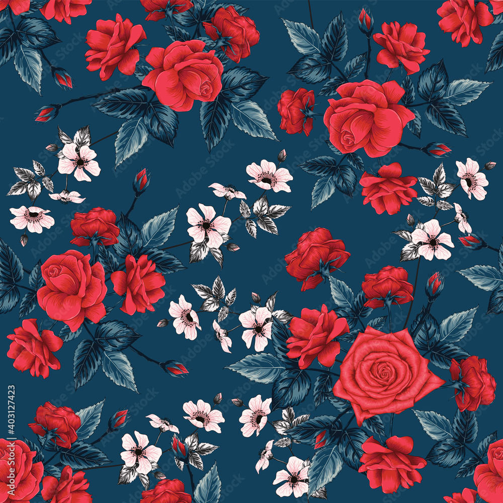 Seamless pattern floral beautiful red Rose, pink wild rose flowers abstract background.Vector illustration hand drawing line art.