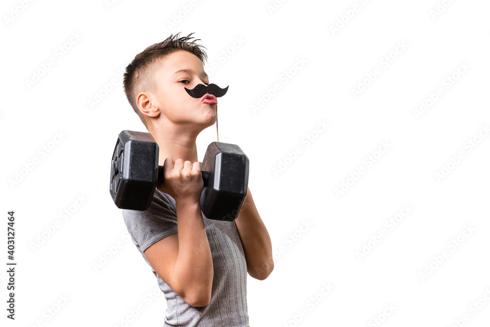 Cute boy lifting weights. Concept of a young boy striving to be tough adult. Kid playing a grown up man isolated on pure white background Cute boy lifting weights. Concept of a young boy striving to be tough adult. Kid playing a grown up man isolated on pure white background