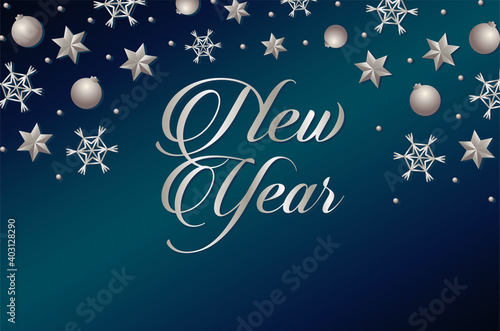 happy new year lettering card with silver stars and balls © Jemastock
