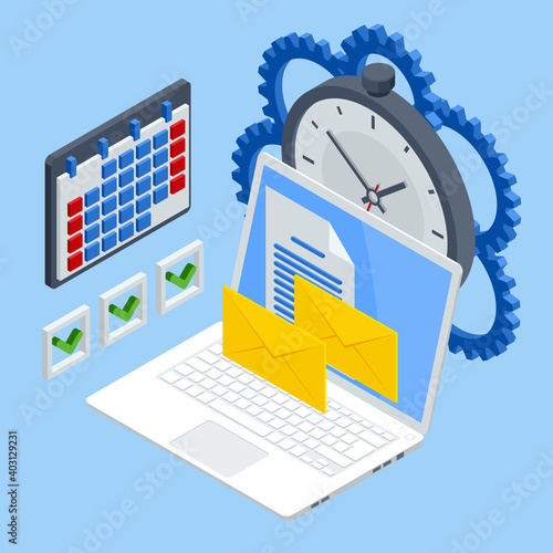Isometric time management, quick reaction awakening and planning and strategy concept. Time management tool to organize work, office