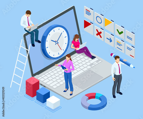 Isometric time management, quick reaction awakening and planning and strategy concept. Time management tool to organize work, office