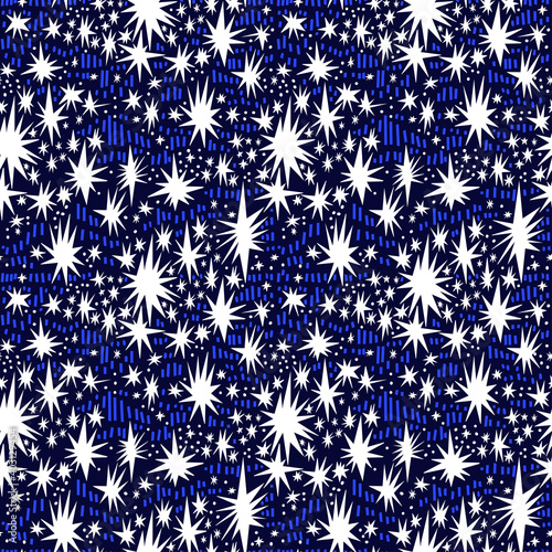 Hand drawn multicolor night starry sky stars shapes seamless abstract pattern beautiful fashion style.