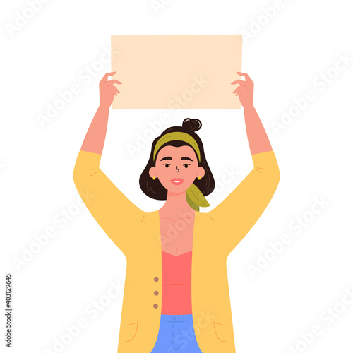 Girl holding a blank poster with place for text. A young woman holds a bullet leaf in her hands. Teenage girl shows a poster. Hand drawn style vector trendy illustration.