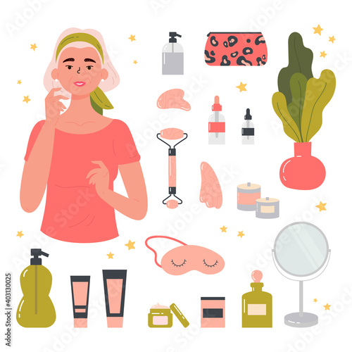 Attractive senior woman with various cosmetics and accessories for beauty and facial gua sha stone. Beauty routine. Face and body skin care concept. Hand drawn trendy colored illustration. 