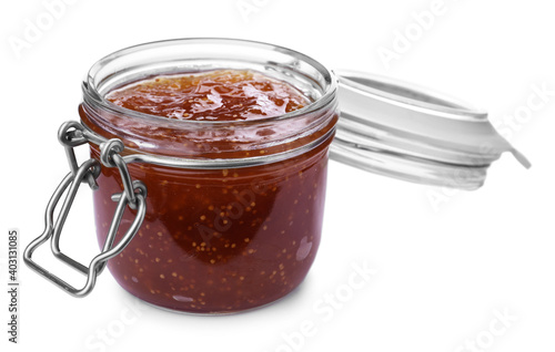 Homemade delicious fig jam isolated on white