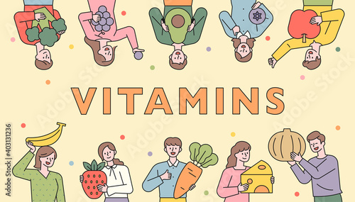 People banner recommending healthy food. Many people each have large fruits and vegetables. flat design style minimal vector illustration.