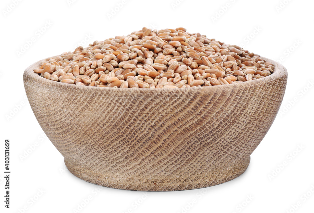 Wooden bowl with wheat grains isolated on white Wooden bowl with wheat grains isolated on white
