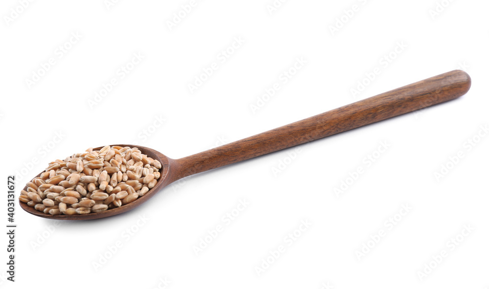 Wooden spoon with wheat grains isolated on white Wooden spoon with wheat grains isolated on white