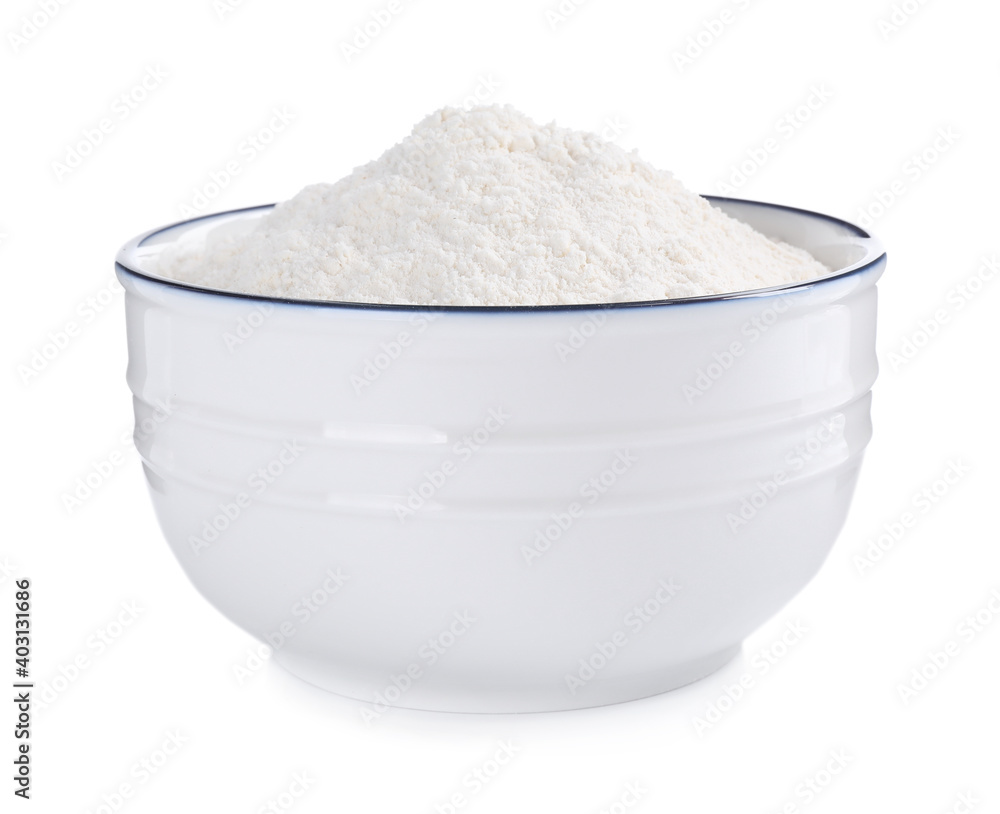 Organic flour in ceramic bowl isolated on white. Organic flour in ceramic bowl isolated on white.