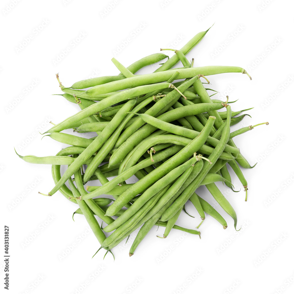 Fresh green beans on white background, top view Fresh green beans on white background, top view