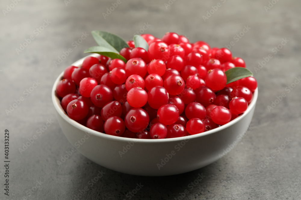 Ripe fresh cranberry in bowl on grey table Ripe fresh cranberry in bowl on grey table