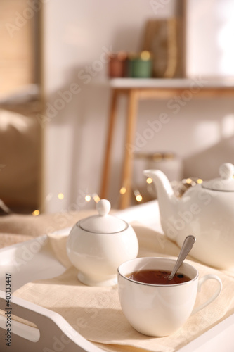 Wallpaper Mural Ceramic tea set on white tray in room Torontodigital.ca