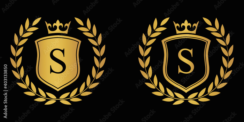 Letter S golden laurel wreath template logo Luxury shield letter with crown. Monogram alphabet . Beautiful royal initials letter. Letter S golden laurel wreath template logo Luxury shield letter with crown. Monogram alphabet . Beautiful royal initials letter.