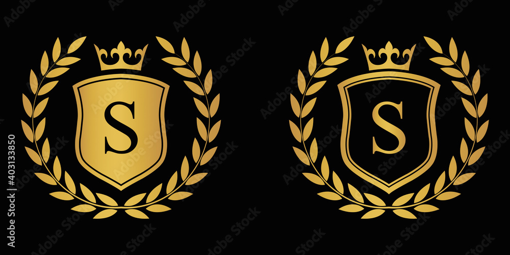  Letter S golden laurel wreath template logo Luxury shield letter with crown. Monogram alphabet . Beautiful royal initials letter.