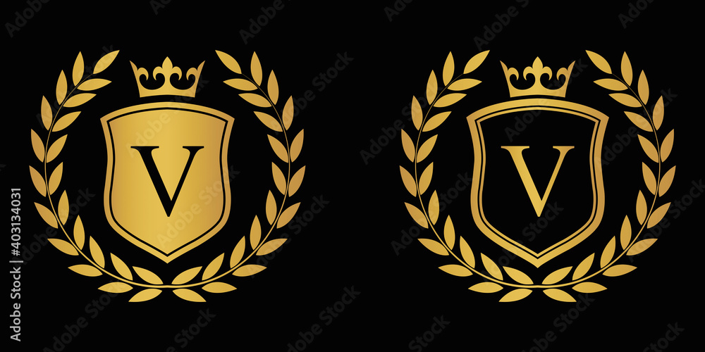  Letter V golden laurel wreath template logo Luxury shield letter with crown. Monogram alphabet . Beautiful royal initials letter.