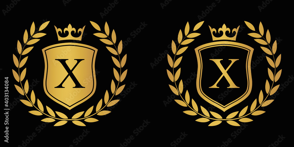  Letter X golden laurel wreath template logo Luxury shield letter with crown. Monogram alphabet . Beautiful royal initials letter.