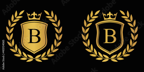  Letter B golden laurel wreath template logo Luxury shield letter with crown. Monogram alphabet . Beautiful royal initials letter.