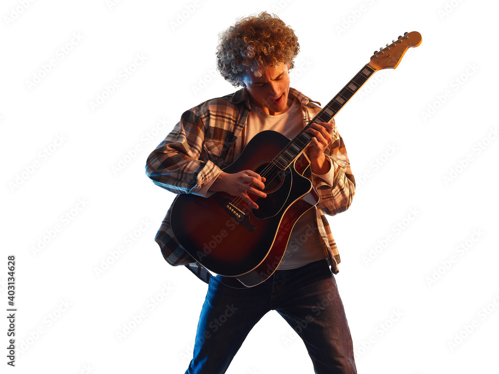 one young caucasian man guitar player in studio shadow silhouette isolated on white background one young caucasian man guitar player in studio shadow silhouette isolated on white background