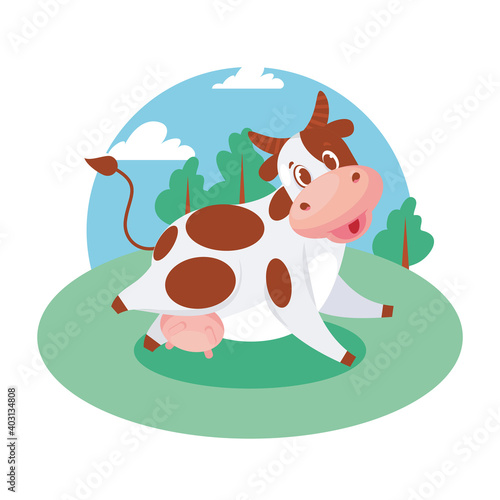 A funny cow runs, waving its tail, and hums on the background of nature. Vector illustration for packaging, advertising, character design, postcard, poster.
