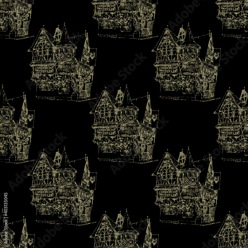 Seamless geometrical pattern with hand drawn sketches of ancient German timber frame house. 