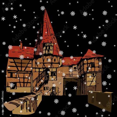 View of a medieval German town with half-timbered houses under snowflakes on black background. Hand drawn colored sketch. 