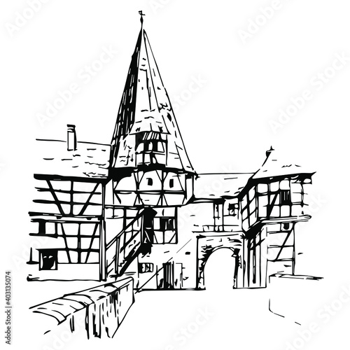 View of a medieval German town with half-timbered houses. Hand drawn linear sketch. Black silhouette on white background.